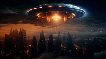 UFO in the sky is flying over the night city. Beautiful fantasy scene. A Flying Saucer. photo