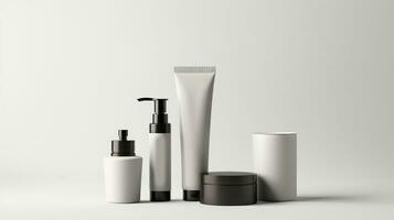 Cosmetic containers with body care cream and lotion on a white background. photo