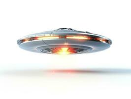 A UFO on a white background. Flying glowing spaceship. photo