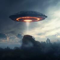 Unknown flying object. UFO in the night sky. Flying space saucer. photo