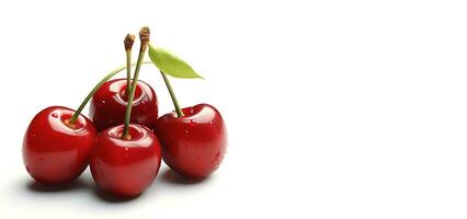 Red cherries on a white horizontal background with space for text. AI generated photo