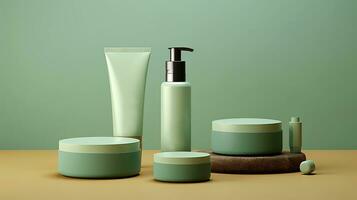 Set of cosmetic products mock up on green background. photo