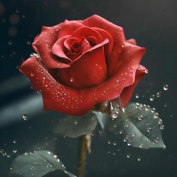 Create a digital art piece featuring a single red rose with dew drops on the petals photo