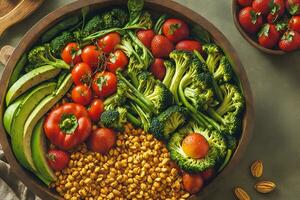 Indulge in the colorful nourishment of a captivating image showcasing a diverse selection of healthy foods ai generative photo