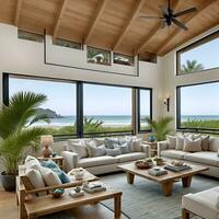 A living room filled with furniture next to the ocean photo