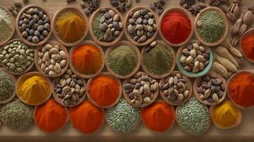 Step into a spice haven with a mesmerizing photograph featuring assortment of different seasonings in cups photo