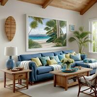A living room filled with furniture next to the ocean AI Generative photo