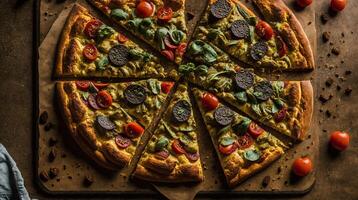 Mouthwatering pizza slices, melty cheese, savory toppings, golden-brown crust, appetizing presentation AI Generative photo