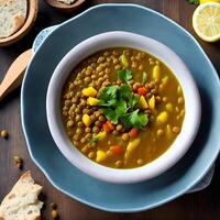 A piping hot bowl of lentil soup, filled with earthy spices and a squeeze of fresh lemon juice, perfect for a comforting meal AI Generative photo