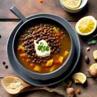 A piping hot bowl of lentil soup, filled with earthy spices and a squeeze of fresh lemon juice, perfect for a comforting meal photo