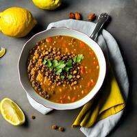 A piping hot bowl of lentil soup, filled with earthy spices and a squeeze of fresh lemon juice, perfect for a comforting meal AI Generative photo