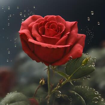 Create a digital art piece featuring a single red rose with dew drops on the petals photo
