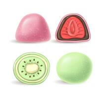 3d realistic Japanese dessert green and pink Daifuku Mochi with kiwi and strawberries. a whole and half a cake in rice dough. Asian national . vector