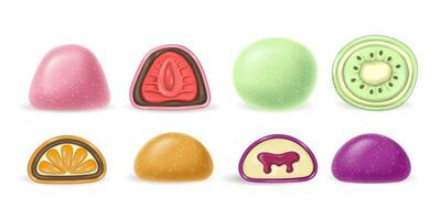 3d realistic Japanese dessert Daifuku Mochi with orange, strawberry, kiwi and passion fruit jam. a whole and half a cake in rice dough. Asian national cuisine vector