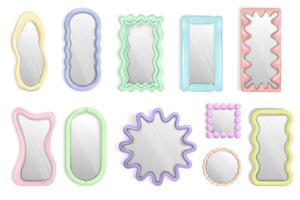 Set of realistic 3d blob mirrors in pastel colors with irregular wavy shapes. Large wall minimalist mirrors home decor vector