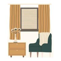 Modern interior design in Scandinavian style. Window, armchair and bedside table. vector