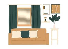 Modern interior design in Scandinavian style. Living room with sofa, window, clock, shelf. Vector illustration