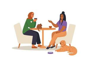 novias en mascota amigable café con gato y perro . mujer hablando y Bebiendo. plano vector ilustración.