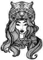 Tattoo art women wearing tiger head hand drawing and sketch vector