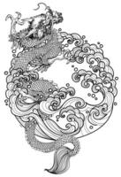 Tattoo art dragon hand drawing sketch black and white vector