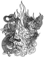 Tattoo art swan china and dragon hand drawing sketch black and white vector