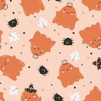 Vector colored seamless repeating childish pattern with cute ghosts on background. Greeting card and invitation design for seasonal autumn holidays, halloween.