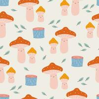 Vector colored seamless repeat childlike pattern with cute mushrooms on background. Greeting card and invitation design for seasonal autumn holidays.