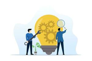 concept of product development, research and optimization for new product launch development process, management or productivity, businessman with magnifying glass with light bulb idea with gears. vector