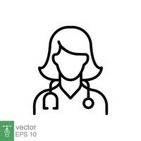 Female doctor icon. Simple outline style. Doctor with stethoscope, woman, medic, healthcare, medical concept. Thin line symbol. Vector illustration isolated on white background. EPS 10.