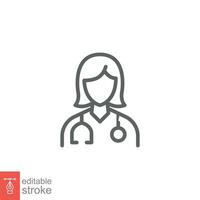 Female doctor icon. Simple outline style. Doctor with stethoscope, woman, medic, healthcare medical concept. Thin line symbol. Vector illustration isolated on white background. Editable stroke EPS 10.
