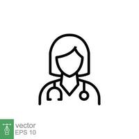 Female doctor icon. Simple outline style. Doctor with stethoscope, woman, medic, healthcare, medical concept. Thin line symbol. Vector illustration isolated on white background. EPS 10.
