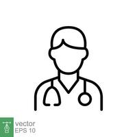 Male doctor icon. Simple outline style. Doctor with stethoscope, man, medic, healthcare, medical concept. Thin line symbol. Vector illustration isolated on white background. EPS 10.