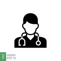 Male doctor icon. Simple solid style. Doctor with stethoscope, man, medic, healthcare, medical concept. Black silhouette, glyph symbol. Vector illustration isolated on white background. EPS 10.