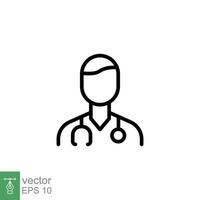 Male doctor icon. Simple outline style. Doctor with stethoscope, man, medic, healthcare, medical concept. Thin line symbol. Vector illustration isolated on white background. EPS 10.