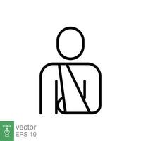 Injured man in bandage icon. Simple outline style. Broken arm, patient, injury, person, wound, medical concept. Thin line symbol. Vector illustration isolated on white background. EPS 10.