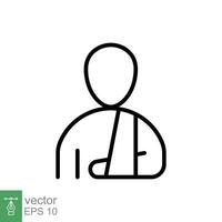 lesionado hombre en vendaje icono. sencillo contorno estilo. roto brazo, paciente, lesión, persona, herida, médico concepto. Delgado línea símbolo. vector ilustración aislado en blanco antecedentes. eps 10