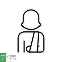 lesionado mujer en vendaje icono. sencillo contorno estilo. roto brazo, paciente, lesión, persona, femenino, herida, médico concepto. Delgado línea símbolo. vector ilustración aislado en blanco antecedentes. eps 10