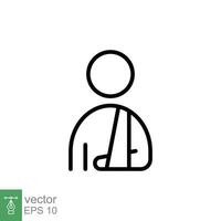 Injured man in bandage icon. Simple outline style. Broken arm, patient, injury, person, wound, medical concept. Thin line symbol. Vector illustration isolated on white background. EPS 10.