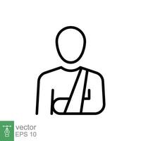 lesionado hombre en vendaje icono. sencillo contorno estilo. roto brazo, paciente, lesión, persona, herida, médico concepto. Delgado línea símbolo. vector ilustración aislado en blanco antecedentes. eps 10