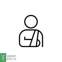 lesionado hombre en vendaje icono. sencillo contorno estilo. roto brazo, paciente, lesión, persona, herida, médico concepto. Delgado línea símbolo. vector ilustración aislado en blanco antecedentes. eps 10