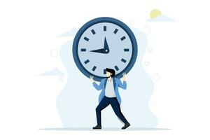 overtime concept of overworked or office worker, time management failure, freedom to spend time with family and loved ones, stressed entrepreneur salary worker carrying heavy burden long hours. vector