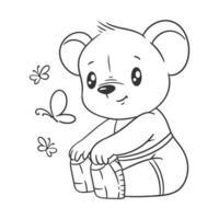 Cute bear is sitting looking at the flying butterfly for coloring vector