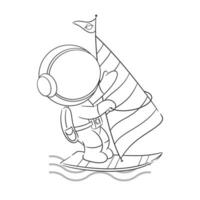 Astronaut playing windsurfing in the ocean for coloring vector