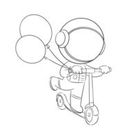 Astronauts playing on scooters and carrying balloons for coloring vector