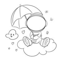 Astronaut is sitting in the cloud with an umbrella for coloring vector