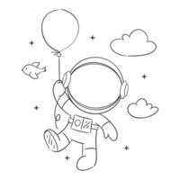 Astronaut flies with balloons and birds for coloring vector