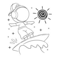 Astronaut playing surf board in the ocean for coloring vector