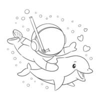 Astronauts are in the sea with dolphins for coloring vector