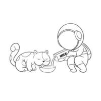 Astronaut giving milk to cat for coloring vector