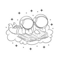 astronauta es leyendo un libro con amigos para colorante vector